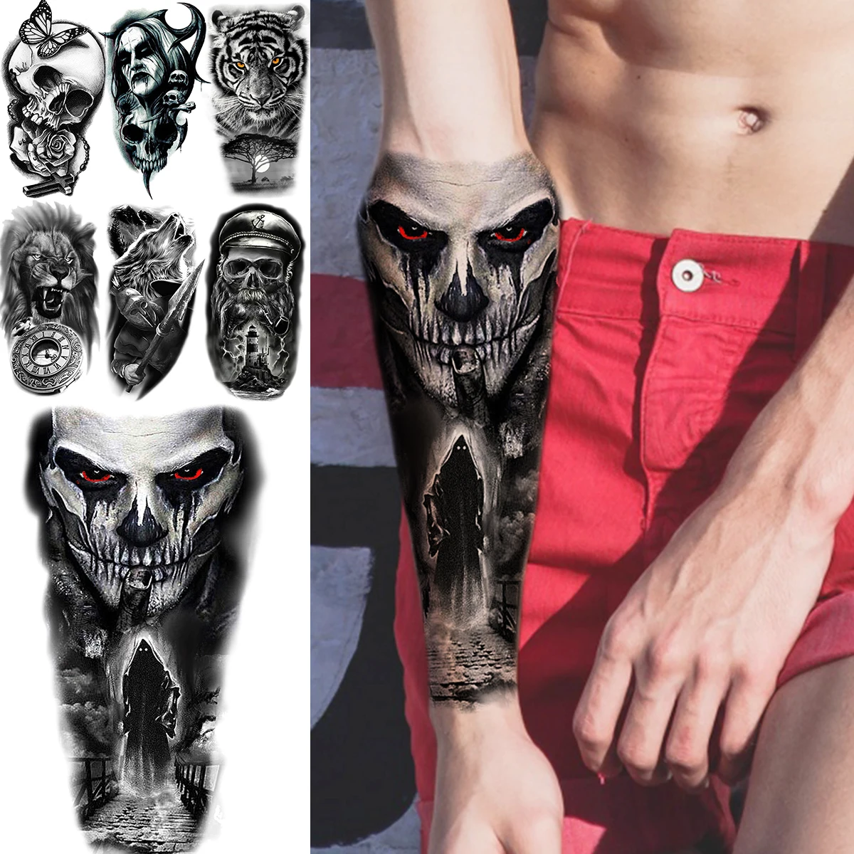 Tatuajes Temporales realistas en 3D para hombres, tatuajes temporales de diablo negro, tigre adulto, esqueleto de pirata, vampiro, tatuaje falso, antebrazo, tatuaje aterrador, Joker