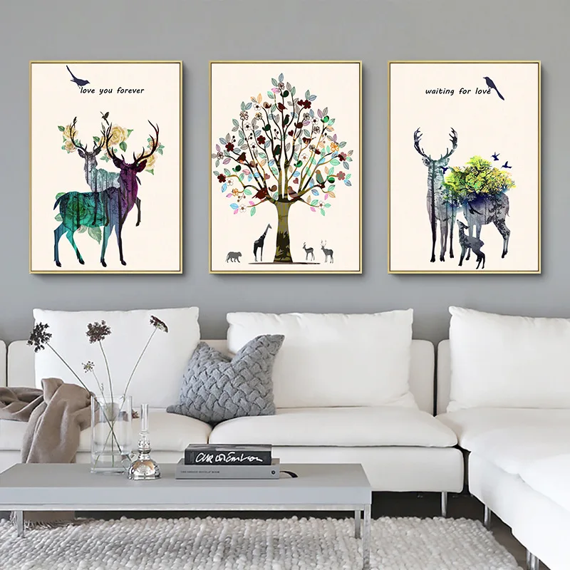 Wall Art Painting Triptych Living Room Fortune Tree Point Drill Cross Stitch Bedroom Simple European Elk Charm Home Decoration