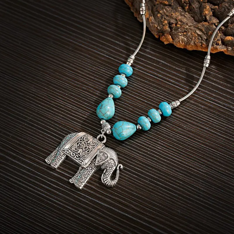 2020 Charm Boho Ethnic Gypsy Elephant Pendant Necklace Womens Statement Jewelry Turquoises Necklaces Collares