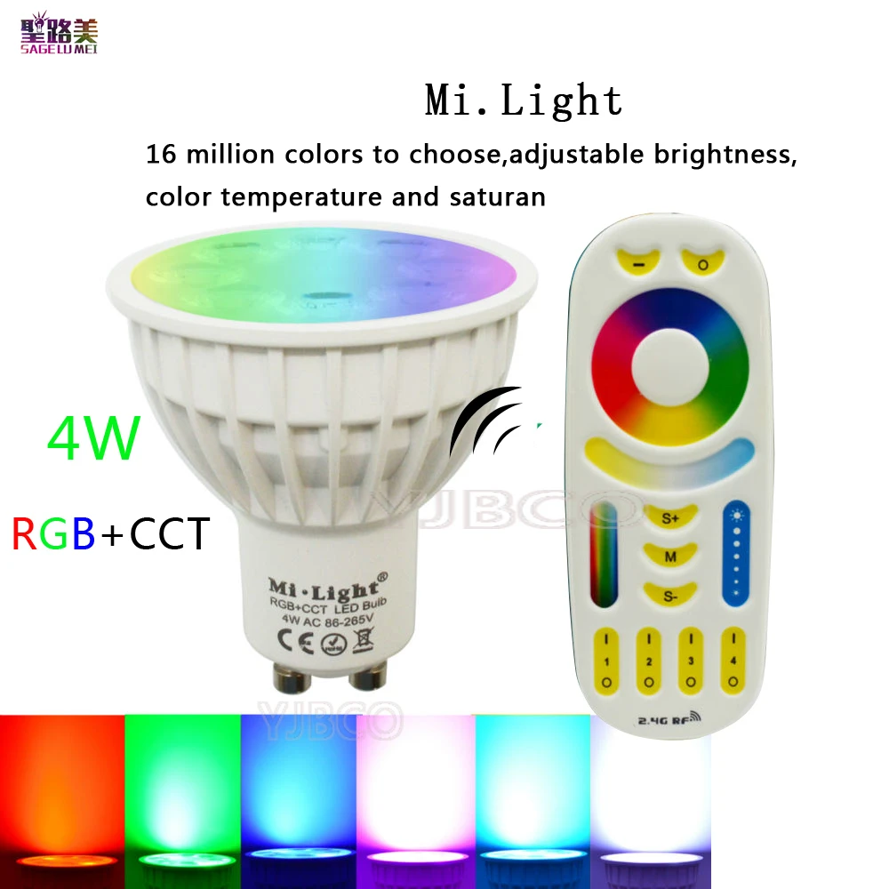 

Mi Light AC85-265V 4W Led Bulb Dimmable MR16 GU10 RGB+CCT(2700-6500K) Spotlight Indoor Decoration + 2.4G Wireless RF LED Remote