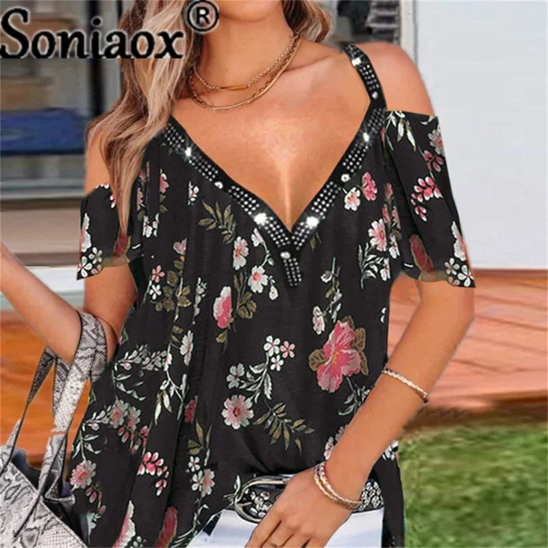 Flowers Print V Neck Elegant Blouse Shirt Women 2021 Summer Strapless Short Sleeve Diamond Tops Femme Summer Blouses T-Shirt