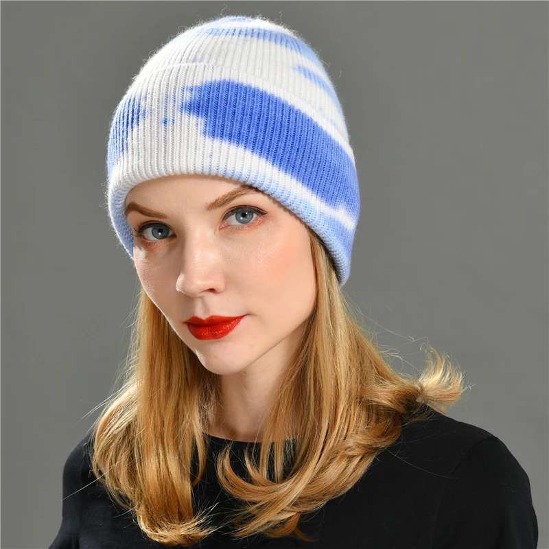 Jaxmonoy Tie-dye Winter Beanie Hat Women Cashmere Blend Knitted Beanie Hat Colorful Skullies Cap New Fashion Fur Hats for Female