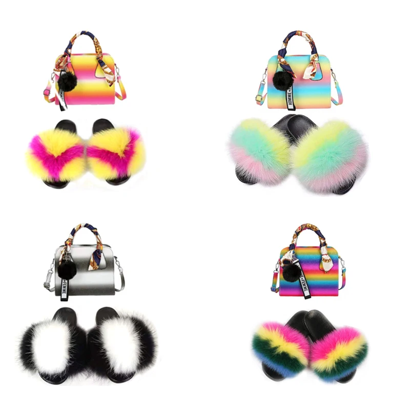 New Arrival Fluffy Fur Slides And Purse Set Women Plush Flip Flops Fur Slippers And Handbag Bag Set Vendor Ladies Sandals Shoes