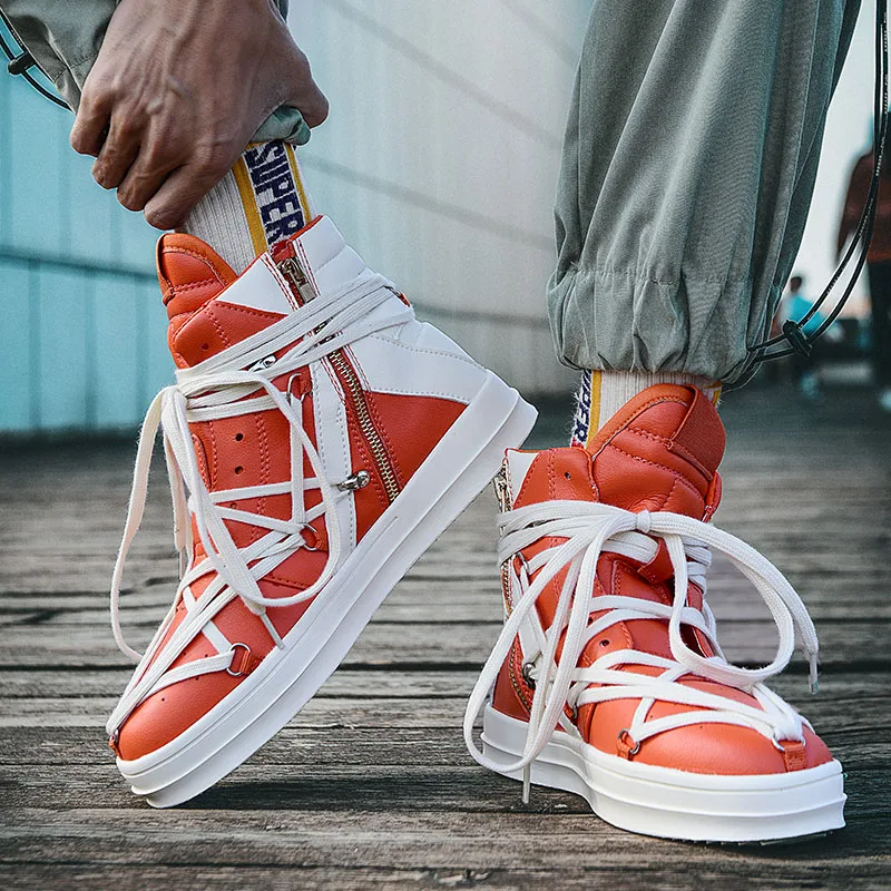 2023 High Quality Mens Casual Shoes Orange Luxury Designer Sneakers Men Lace Up High Street Fashion Trendy Men Platform Trainers