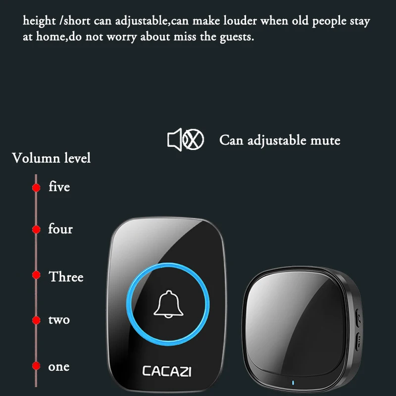CACAZI 110db 60 chime level 5 300M range door bell A01-DC intelligent USB wireless doorbell waterproof touch button LED light 20