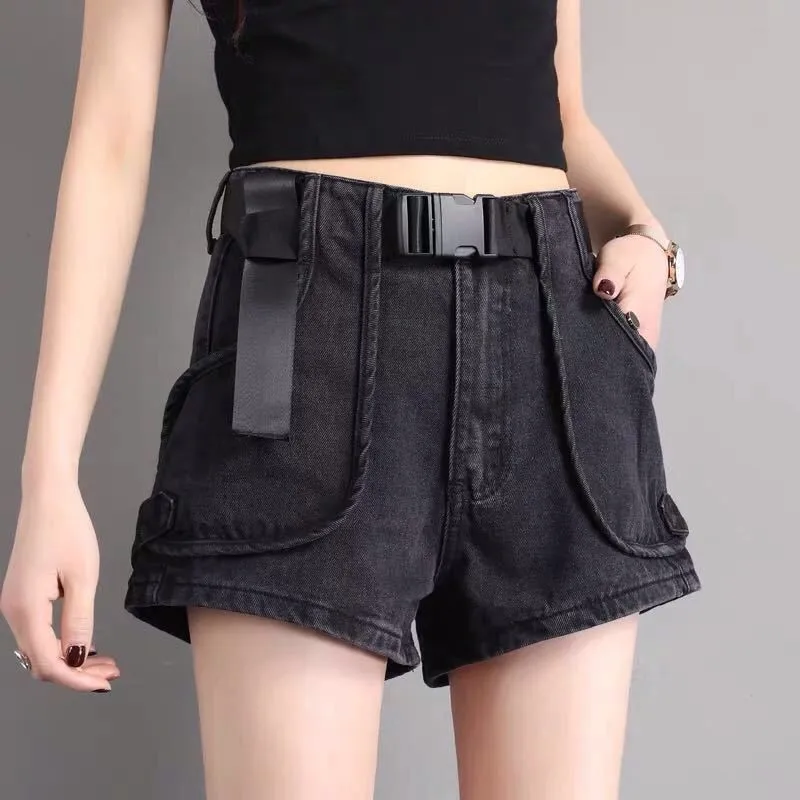 Pantalones cortos negros para mujer, Shorts femeninos de estilo Hong Kong Retro, holgados de cintura alta, coreanos, de corte en A, a la moda,