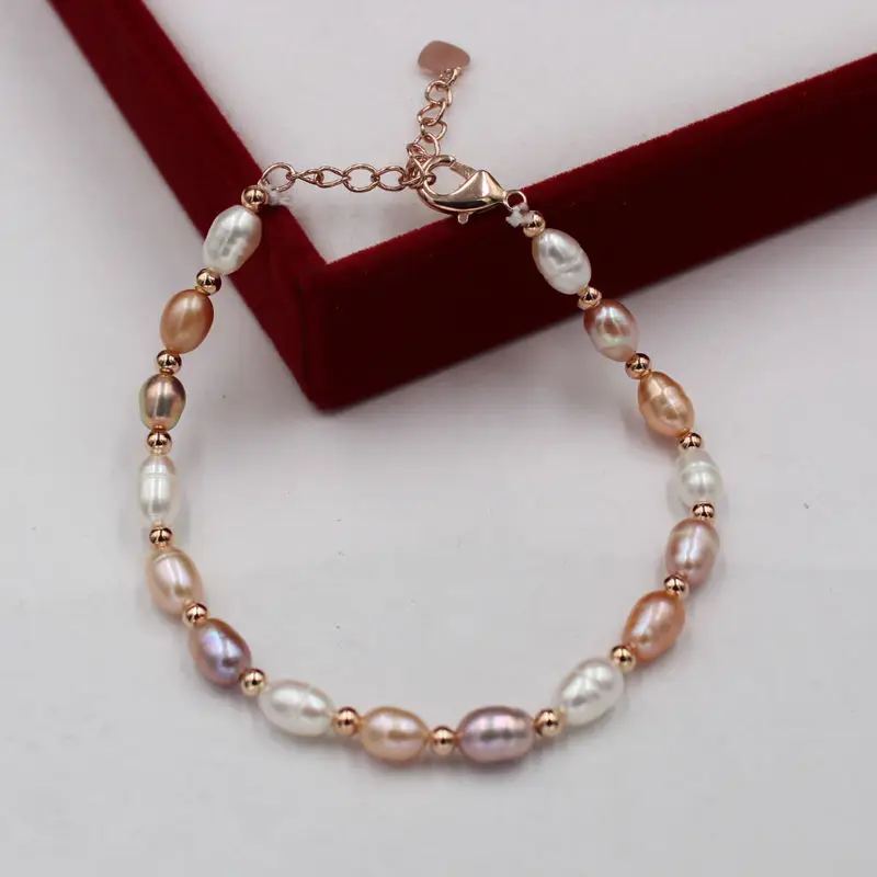 Factory Wholesale Natural Freshwater Pearls Bracelets Women Colorful Rice Pearls Beaded Wristband Pearl Bracelets Wedding Mom