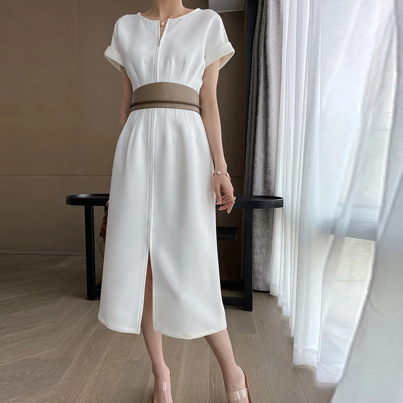 

French Retro Women White Dress Fashion Front Zipper Split Elegant Ladies Dress Party Dress Summer Female Short Sleeve Dress