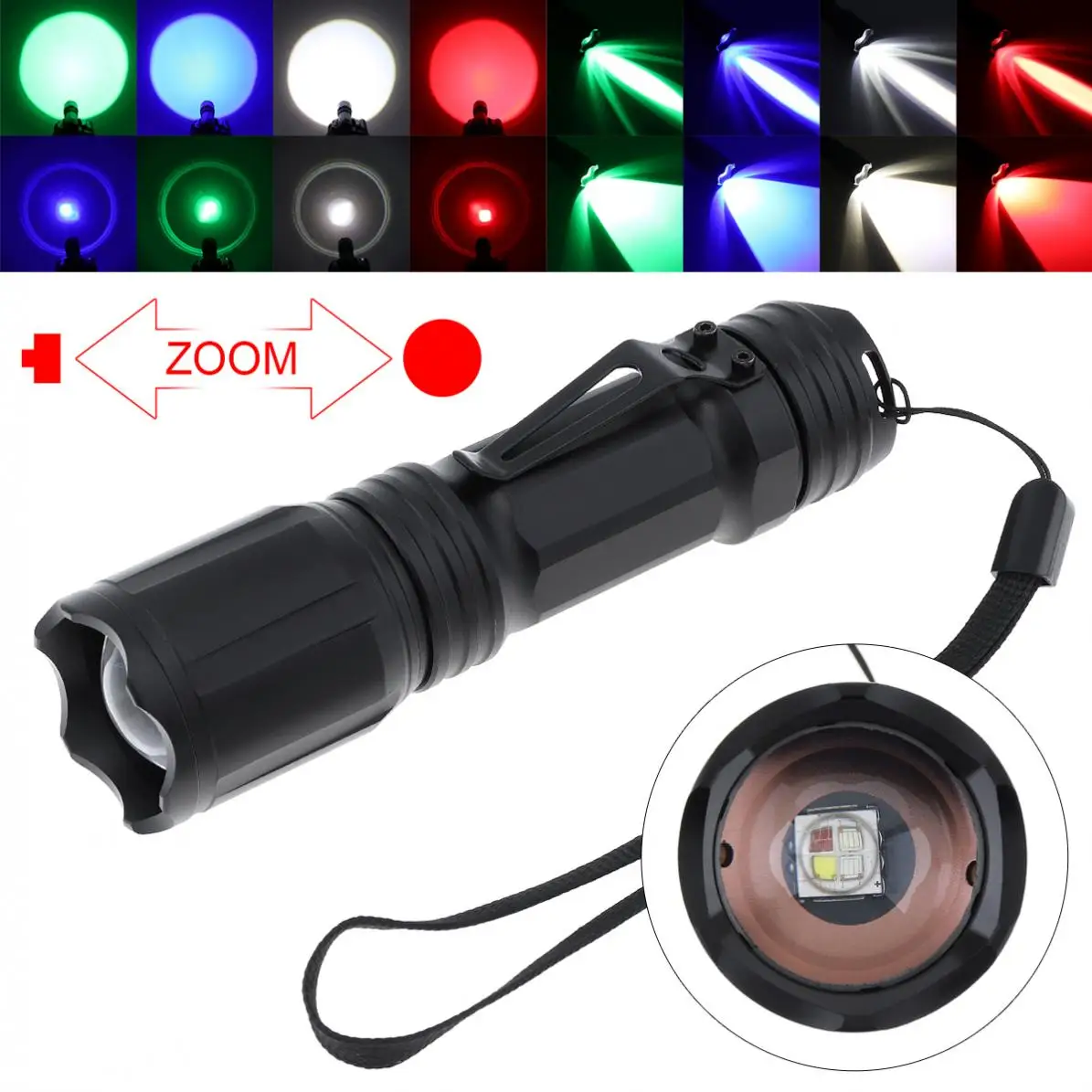 X004 4 Colors in 1 Red Green Blue White Light LED Flashlight Waterproof Zoomable for Camping / Hiking / Backpacking / Fishing