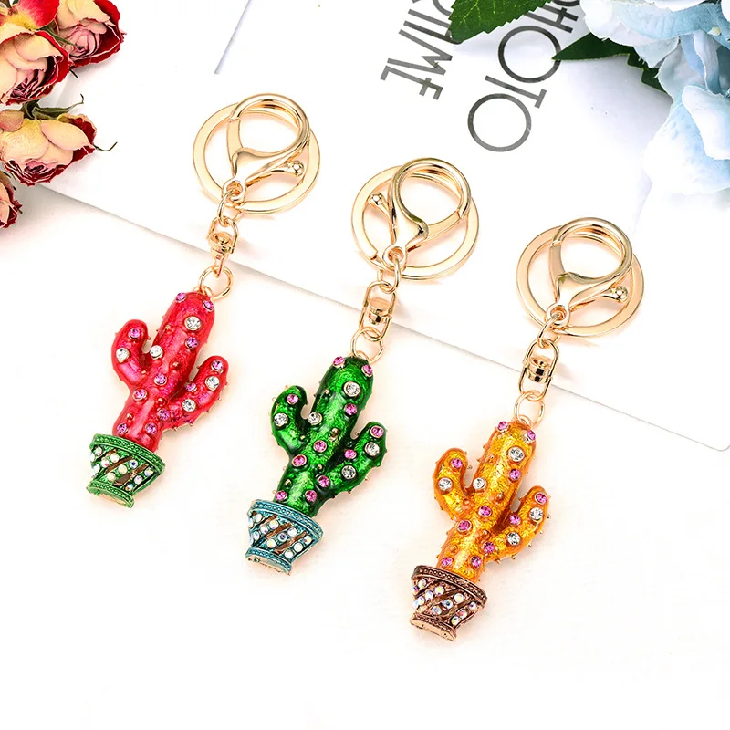 3D Simulation Green Plant Cactus Potted Keychain Women Girls Lovers Car Key Ring Gift Bags Crystal Pendant Couple Key Chain