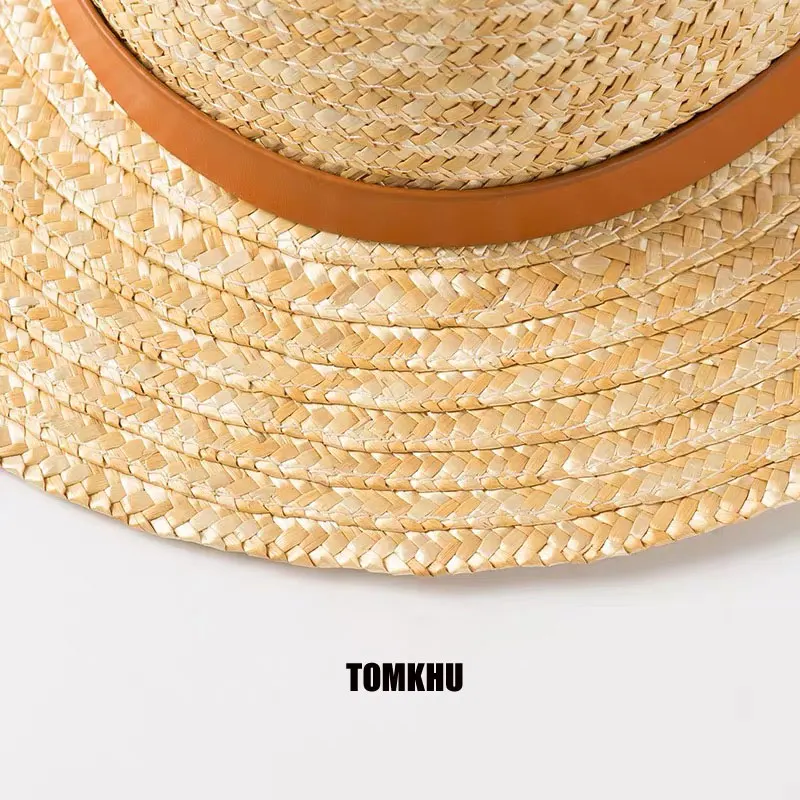 Summer Unisex Handmade Natural Wheat-Straw Women Sun Hat With Leather Strap Wide Brim Flat Top Hats Men Beach Solid Caps Sun