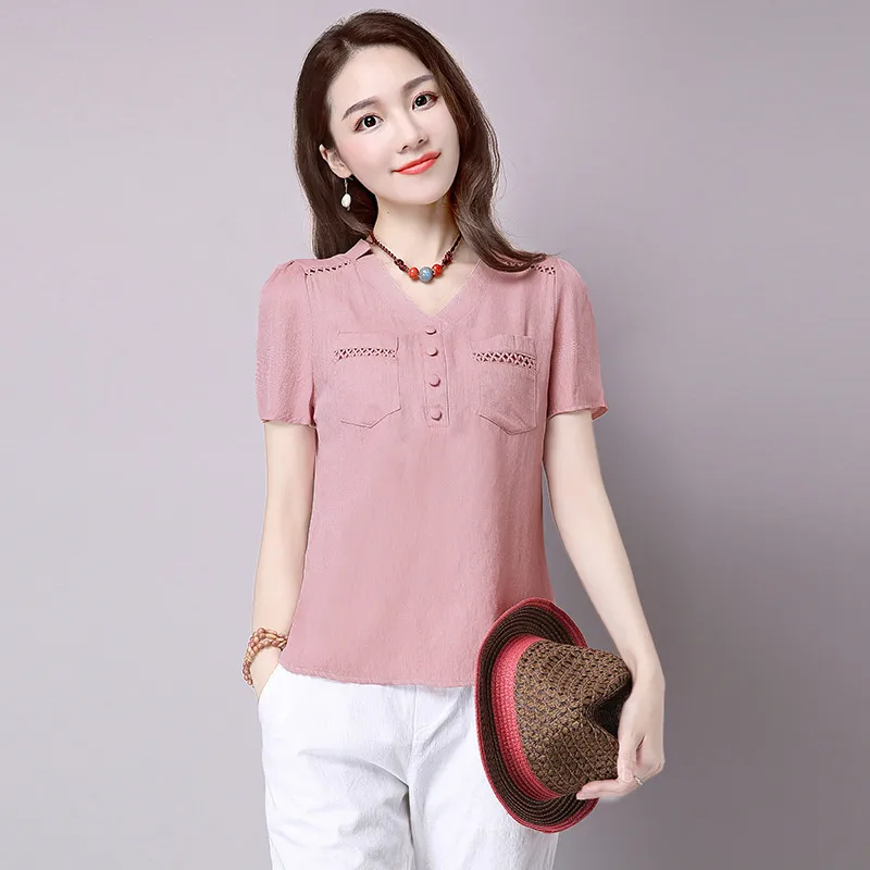 Women Shirts Summer T Plus Size Korea Style Cotton T-shirt Ladies V-Neck Slim Casual T-shirts Camiseta Mujer WXF103 -shirt