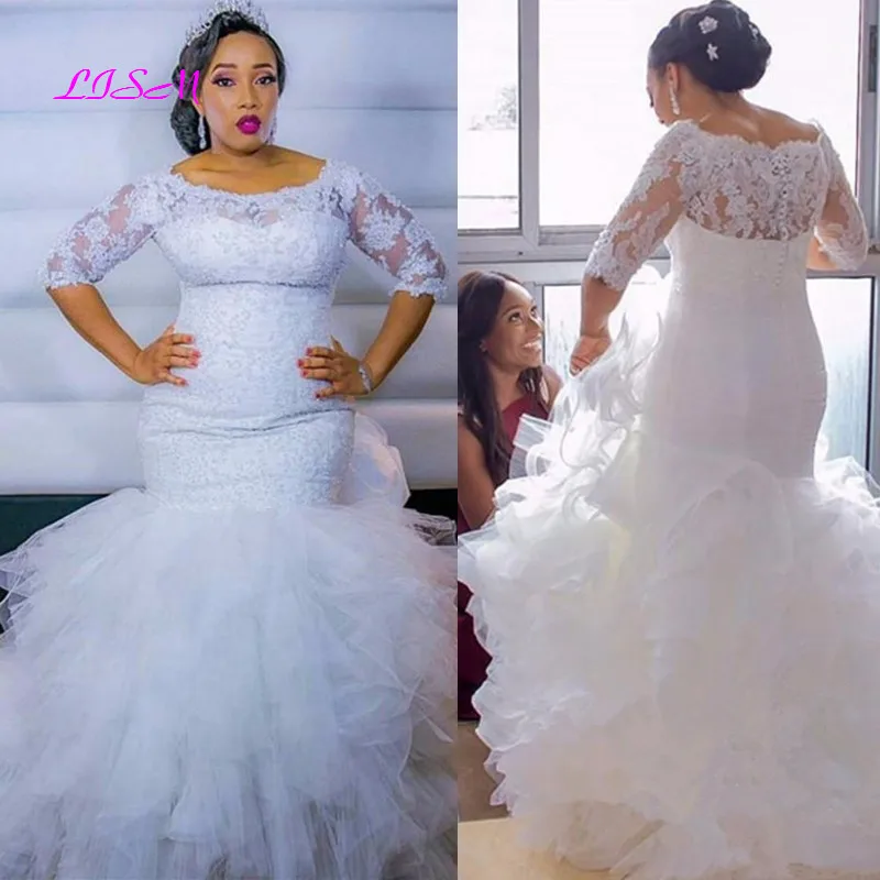 فساتين زفاف من الدانتيل من Vestidos De Novia 2021 مقاس كبير فستان زفاف حورية البحر نصف كم متدرج الكشكشة مثير فستان الزفاف الأفريقي