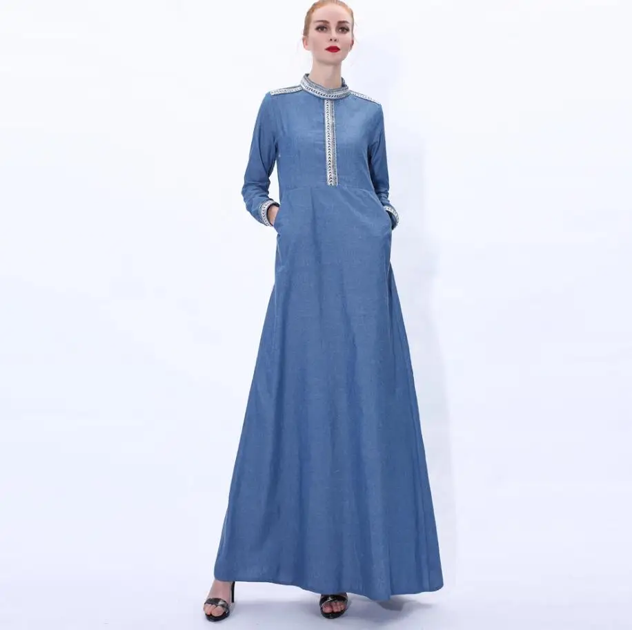 2020 Fashion hot dorilling Denim Kaftan Abaya Dubai Muslim Dress Women Caftan Robe Maxi Gown Turkish Islamic Clothing a1392