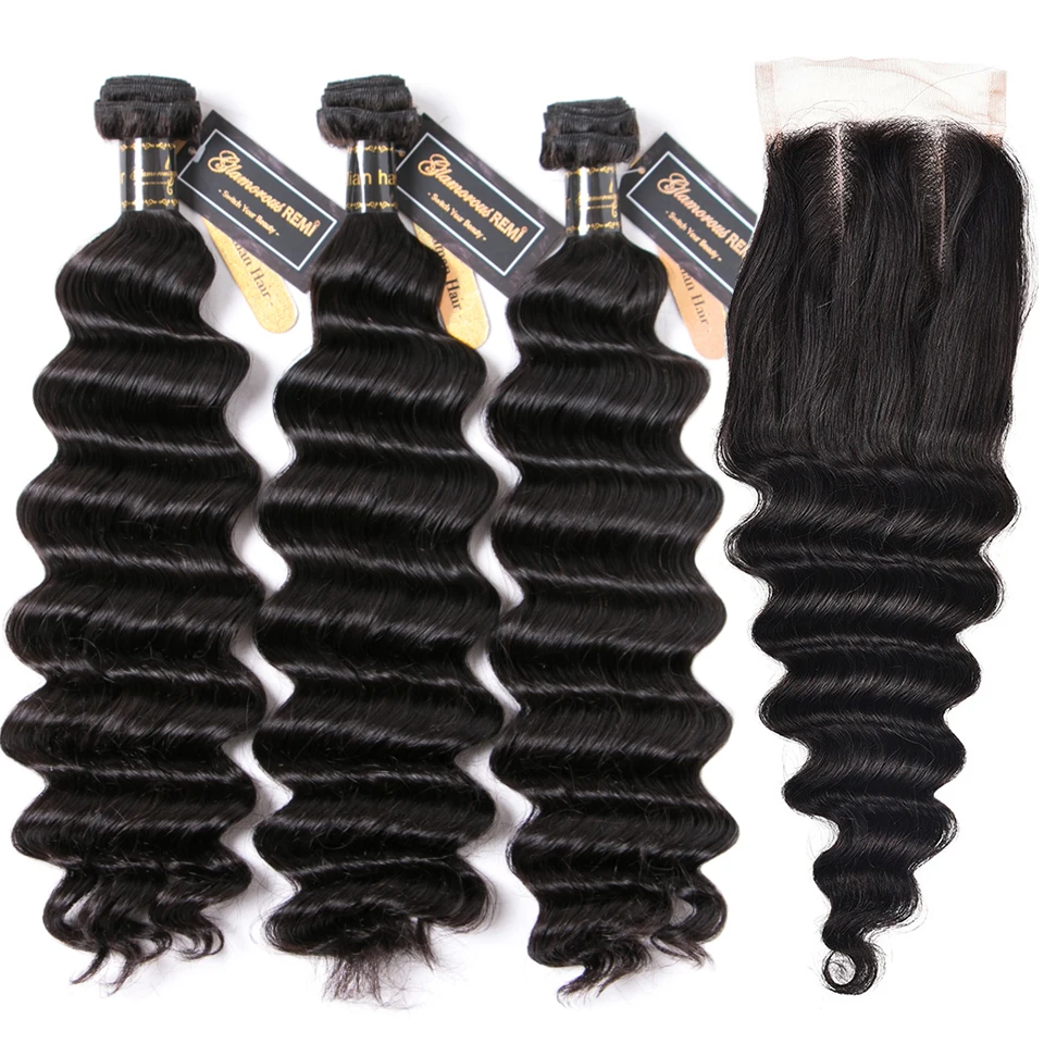 Brazilian Loose Deep Wave Human Hair Bundles With Closure Natural Color Deep Wave Bundles With 4x4 Lace Closure For Black Women