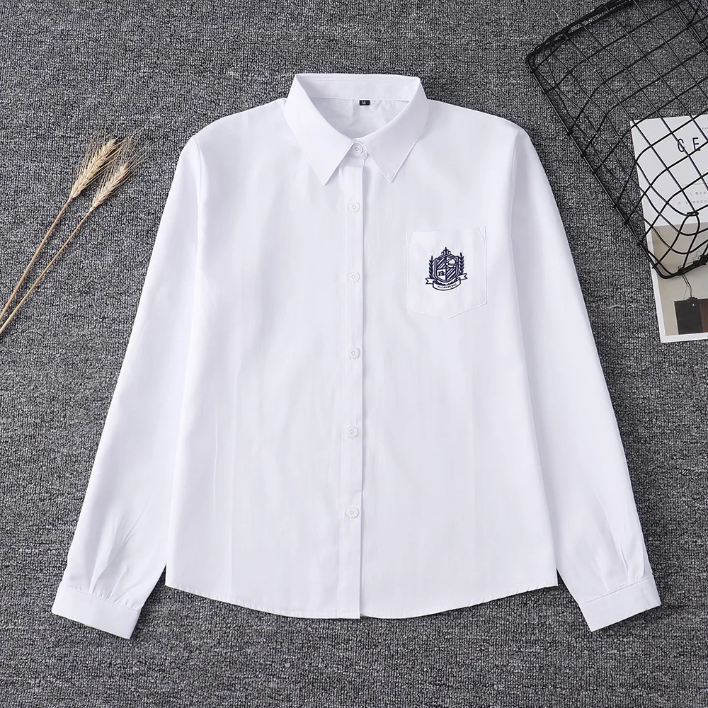 2020 White Cotton Japanese Embroidery Pattern Student School Jk Uniform Top Middle High School Uniforms Long Sleeve White Shirt