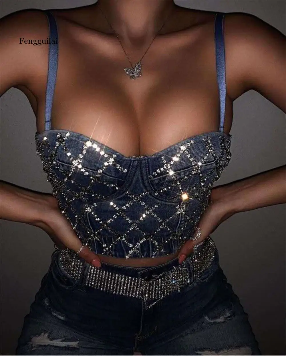 

Denim Diamonds Vest Women's Bustier Bra Night Club Party Cropped Top Vest Handmade Vest Diamond Bra