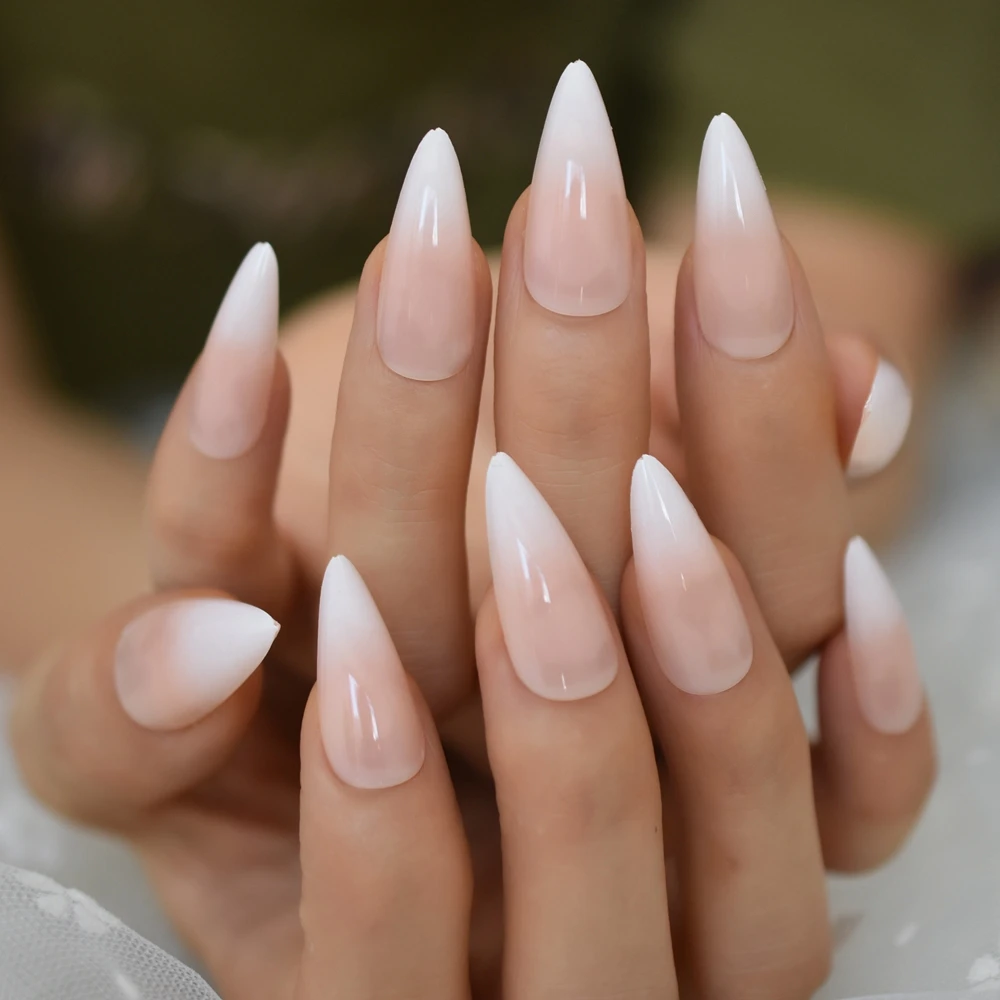 Glossy Ombre French Stilettos Fake Nails Gradient Pink Nude Long Artificial UV False Salon Party Nail Tips Faux Ongle