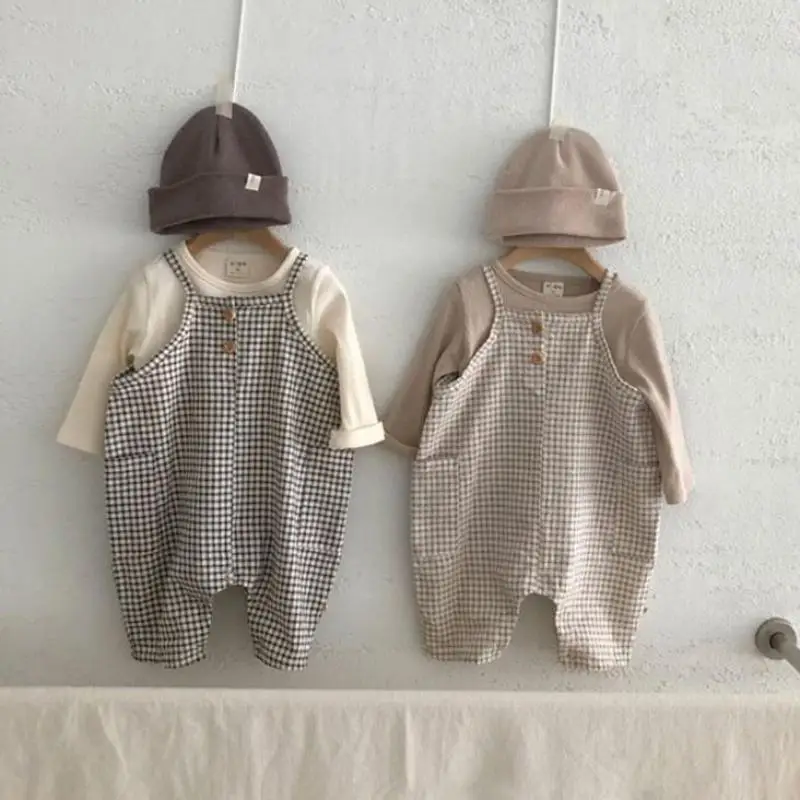 

Spring Autumn New Baby Boy Romper Set Solid Color T Shirt Baby Sleeveless Jumpsuit Girls Cute Plaid Jumpsuit Children Clothing