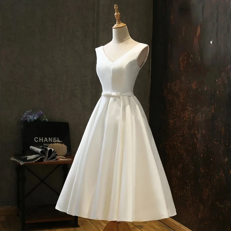 ANGLESBRIDEP Simple V-neck Satin Wedding Dresses Summer Style Vestido De Noiva Mid-Calf Cheap Formal Bride Dresses Wish Sash