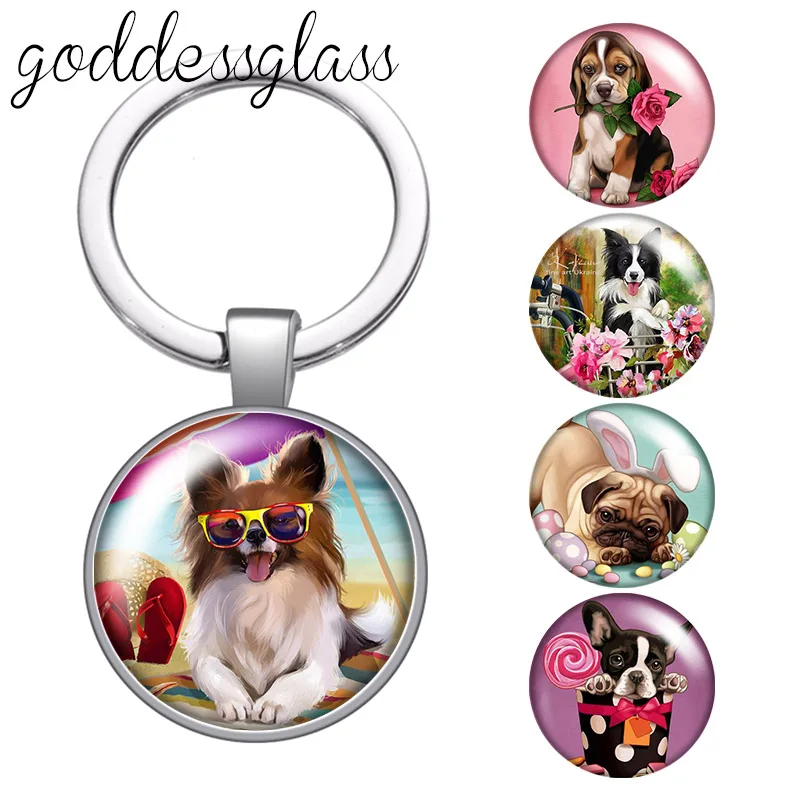 Cartoon dog Lovely Pet pomeranian Pug collie round glass cabochon keychain Bag Car key chain Ring Holder Charms keychains Gifts