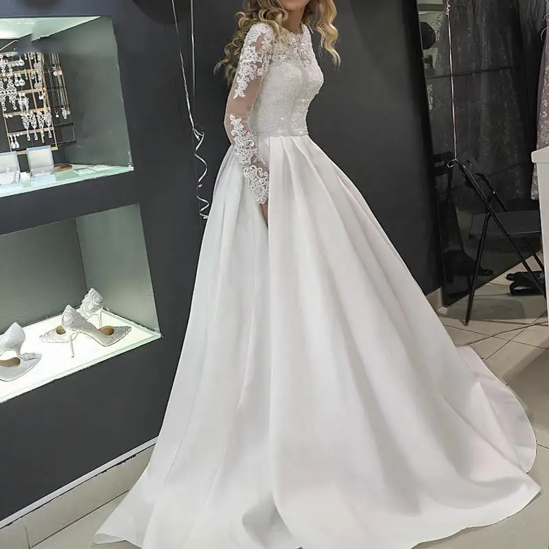 

Vintage Long Sleeves Appliques Lace A-Line Wedding Dresses Satin 2021 Modest Bridal Gowns Customized Robe De Mariee