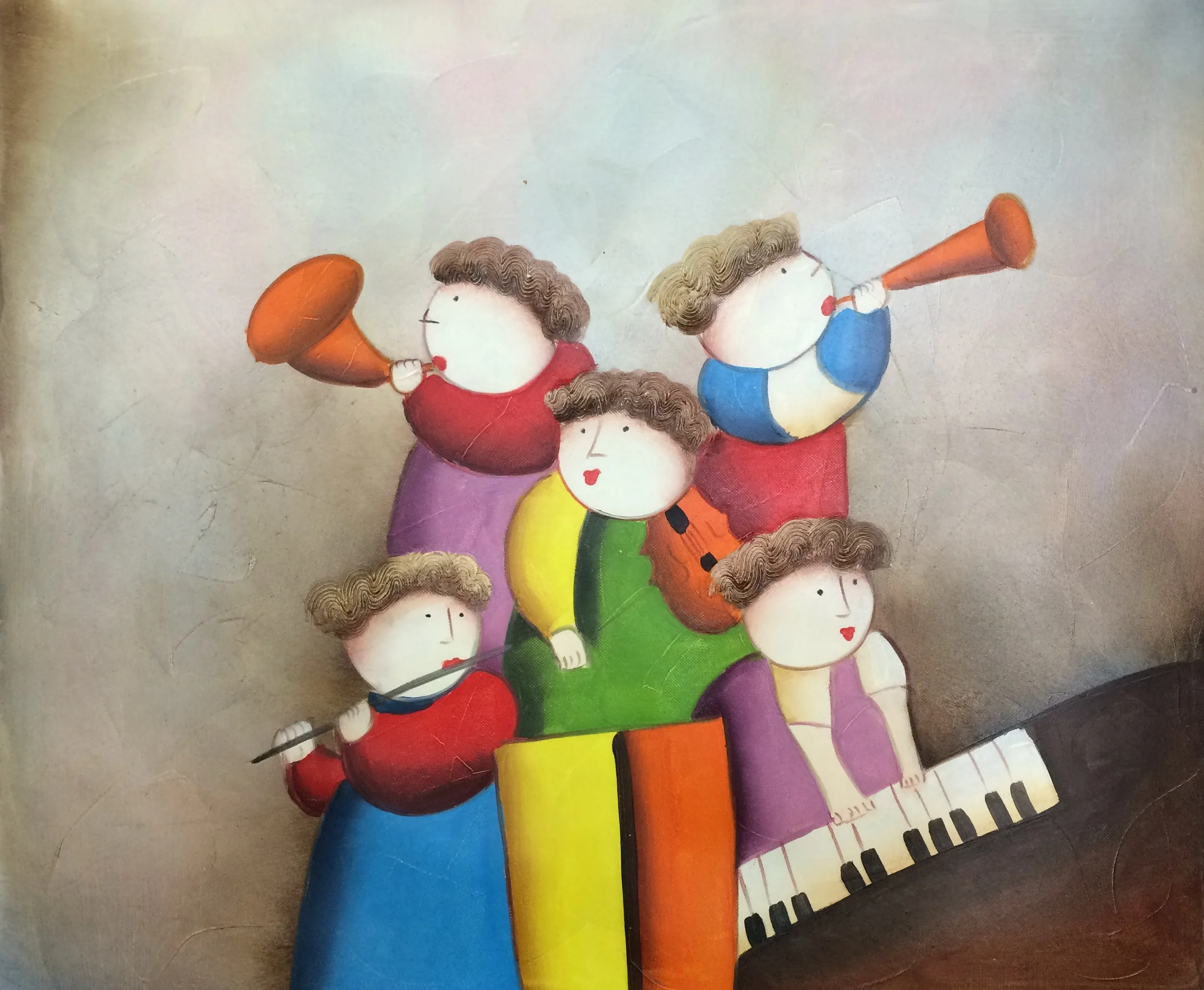 Ultra Low Price Sale 100% Hand Painted Oil Painting on Canvas Children Play Musical Instrument Wall Art Picture For Home Decor