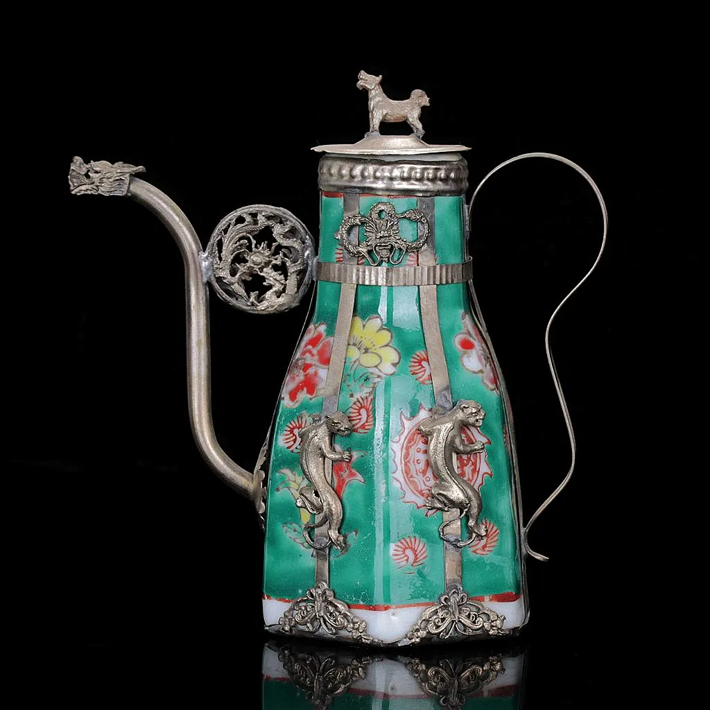 Collection Colour Porcelain Armor Dragon Tibet Silver Handwork Poeny Teapot Home Decoration