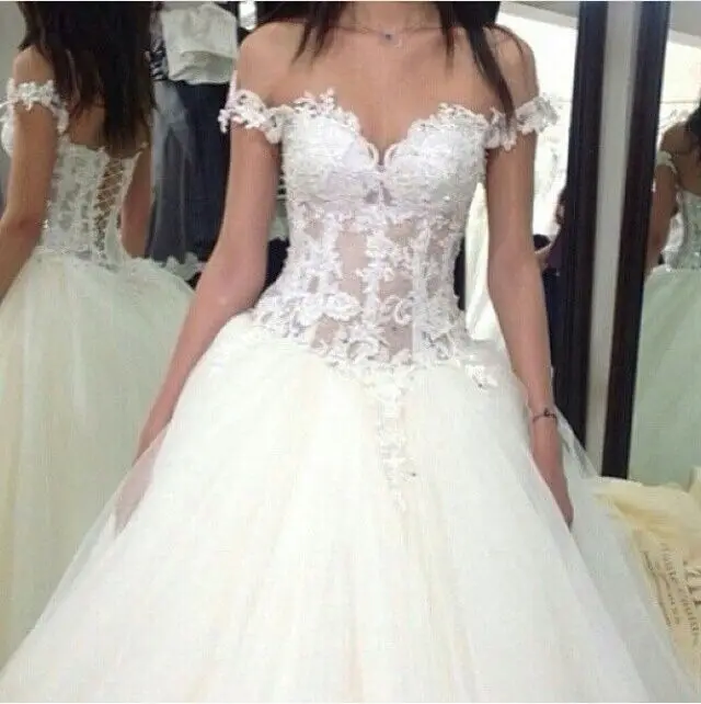 

Glamorous Sweetheart Off the Shoulder Short Sleeve Sheer Appliqued Beaded Tulle Novias De Vestidos custom made Wedding Dresses