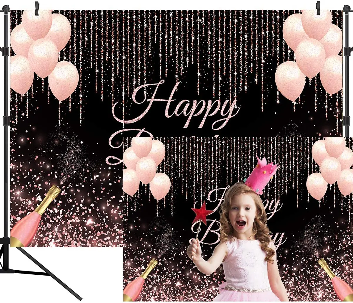 Happy Birthday Party Backdrop Rose Gold Glitter Photography Background Women Lady Girl Pink Balloons Champagne Decorations