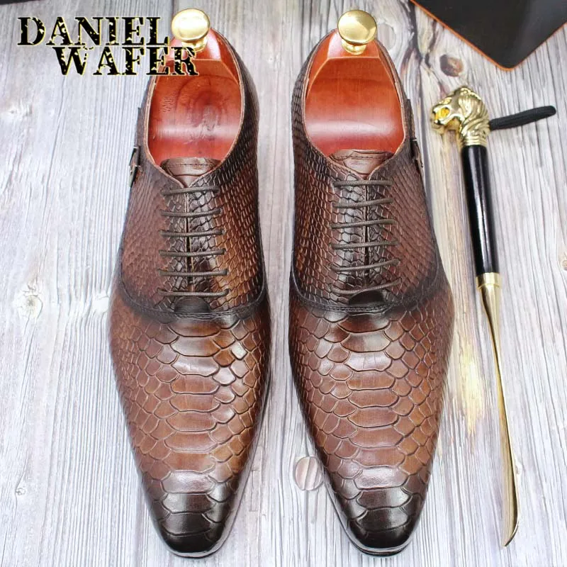 Modische Herren-Lederschuhe mit Schlangenhaut-Aufdruck, klassische Schnürung, Oxford, formell in Wein, Blau, Kaffee, Schwarz – spitze Zehenpartie – Detail 19