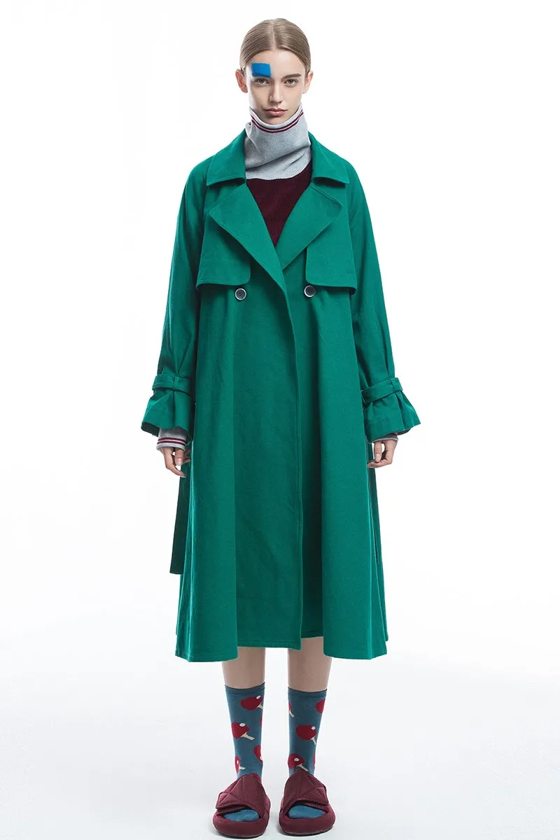 

2020 New Women Arrivals Spring Autumn Brief England Style Cotton Long Belted Trench Ladies Elegant Casual Loose Green/Red Coat