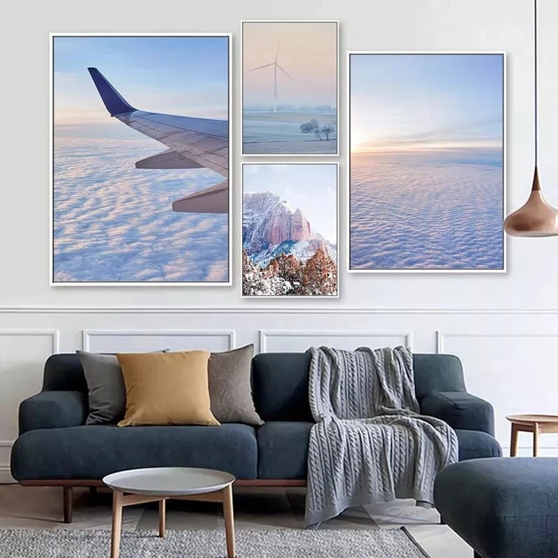 Snow Mountain Airplane Cloud Sea Landscape Canvas Painting Fresh Poster Wall Art Print Pictures for Living Room Home Decor