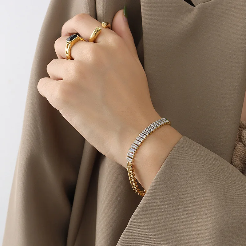 Joolim Jewelry High End PVD  Wholesale Drop Shipping Supplier No Fade Fashionable Spliced Square Zircon Bracelet For Women image 5