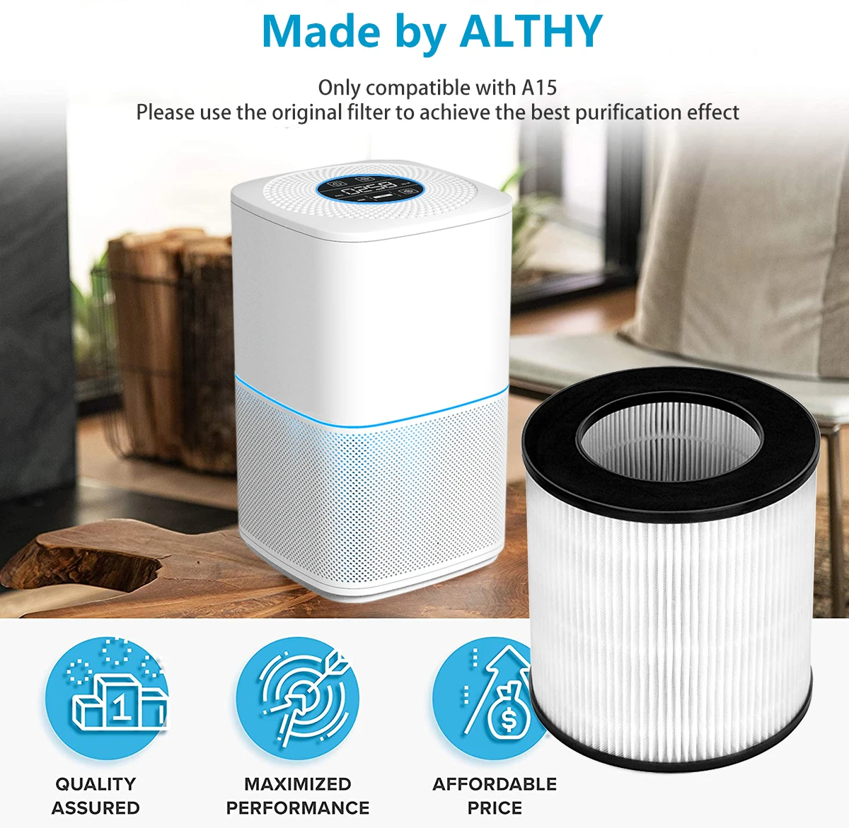 H13 TRUE HEPA Filter Compatible for ALTHY A15 Air Purifier Cleaner Home Allergies Pets , Remove 99.97% Smoke Dust Mold Pollen