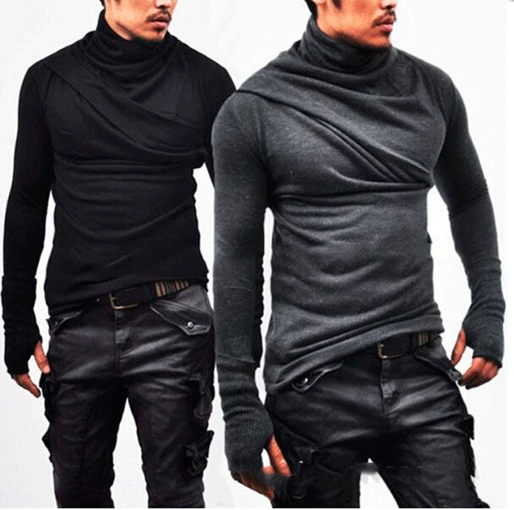 Men's T-shirts Spring and autumn fashions Men's long-sleeved mittens T-shirts Men's high-necked slim T-shirts folded