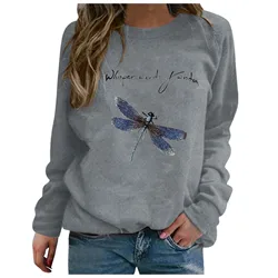 Dragonfly Print Sweatshirts Women Harajuku O-neck Pullover Korean Style Oversized Sweatshirt Autumn Winter Long Sleeve Hoodie