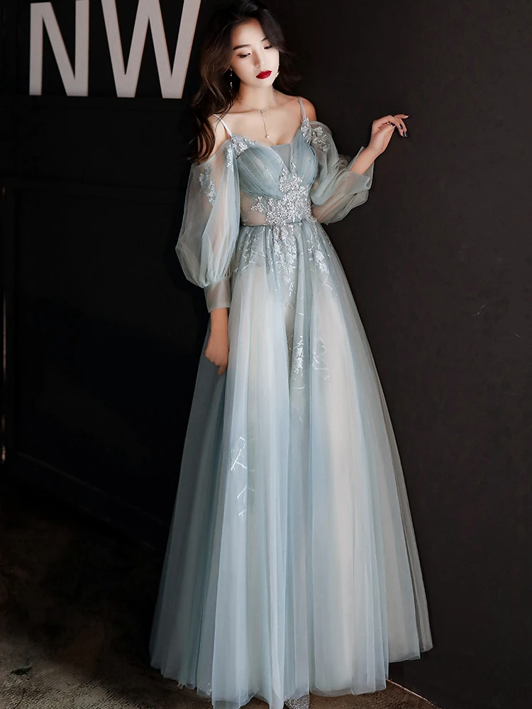 Light Blue Halter Prom Dresses 2021 Sweetheart Lace Applique 3/4 Sleeve A Line Off Shoulder Evening Gowns Sexy Tulle Vestidos