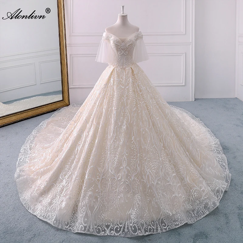 Alonlivn Brilliant Lace Ball Gown Bridal Skirts Beading Pearls Puff Half Sleeves Wedding Dresses Real Pictures