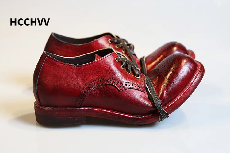 Męskie buty Vintage Brock Brogue z rzeźbioną skórzaną główką i niskim stanem, buty na co dzień, męskie i damskie w kolorze czerwonego wina