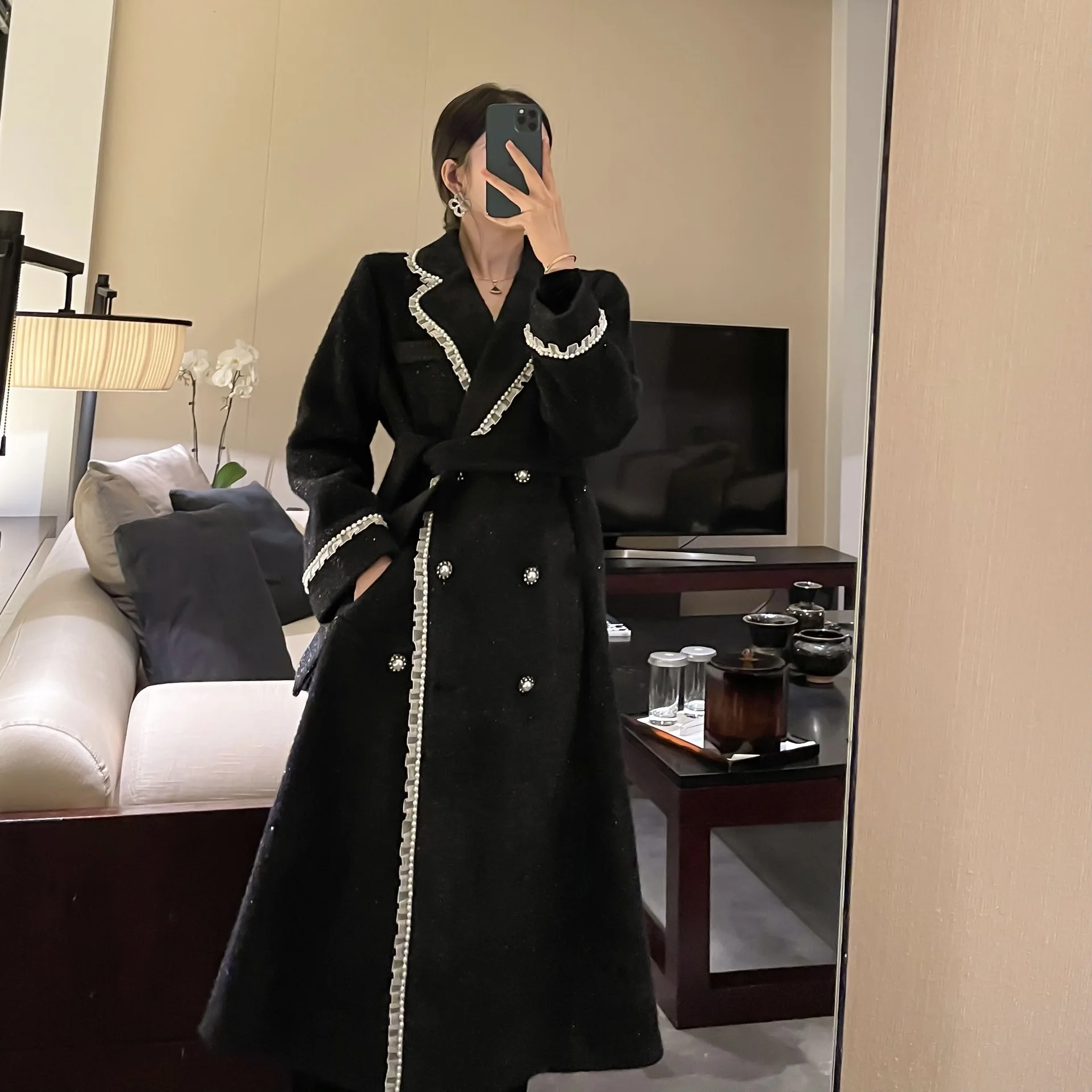 

Elegant Black Long Wool Coat Winter Women Pearls Lace Vintage Woolen Jacket Female Loose Double Breasted Lacing Belt Overcoat