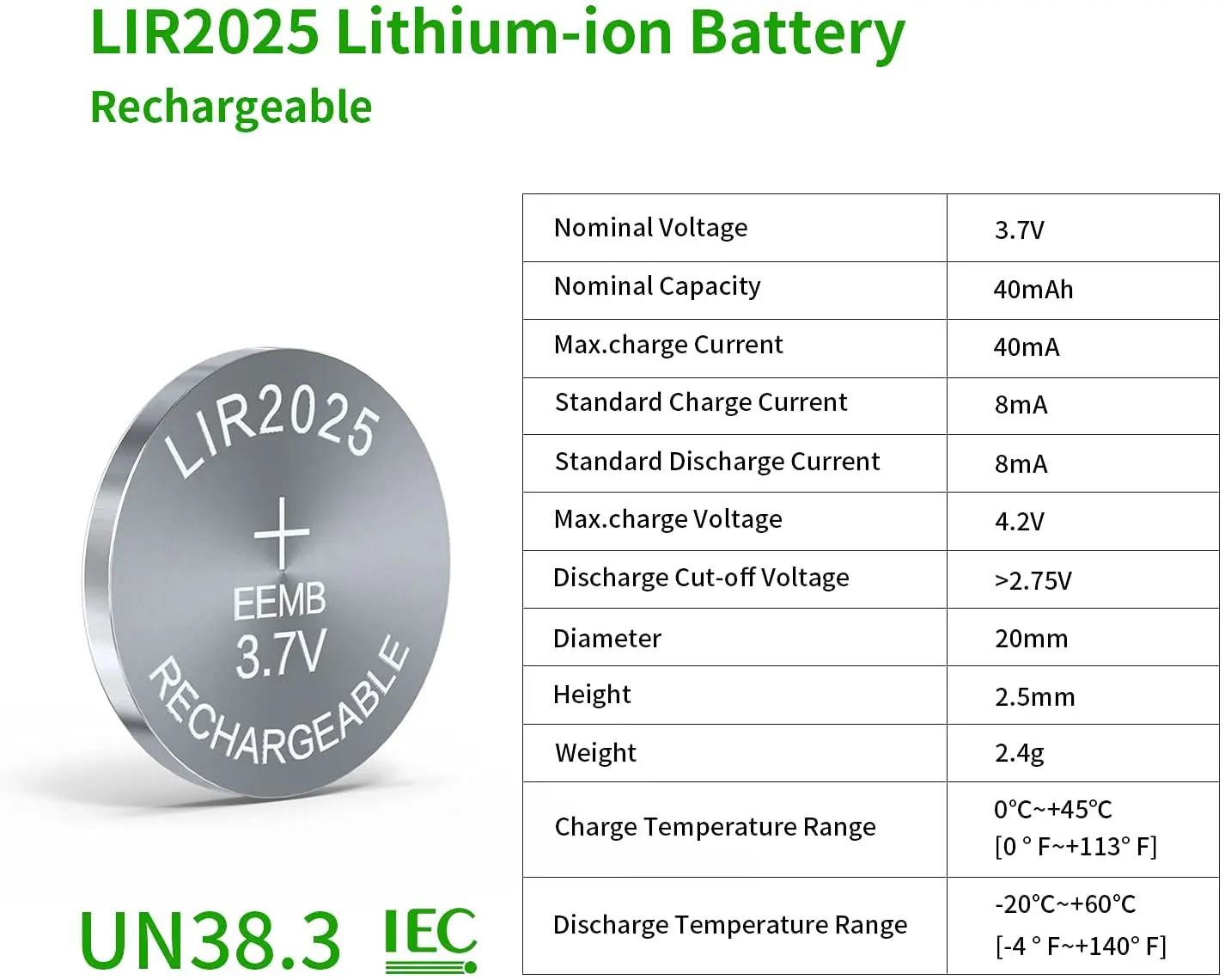 EEMB LIR2025 3.7V 40mAh bateria guzikowa akumulator ogniwo monety baterie litowo-jonowe do kluczy samochodowych piloty zegarek z kamerą zabawkowy