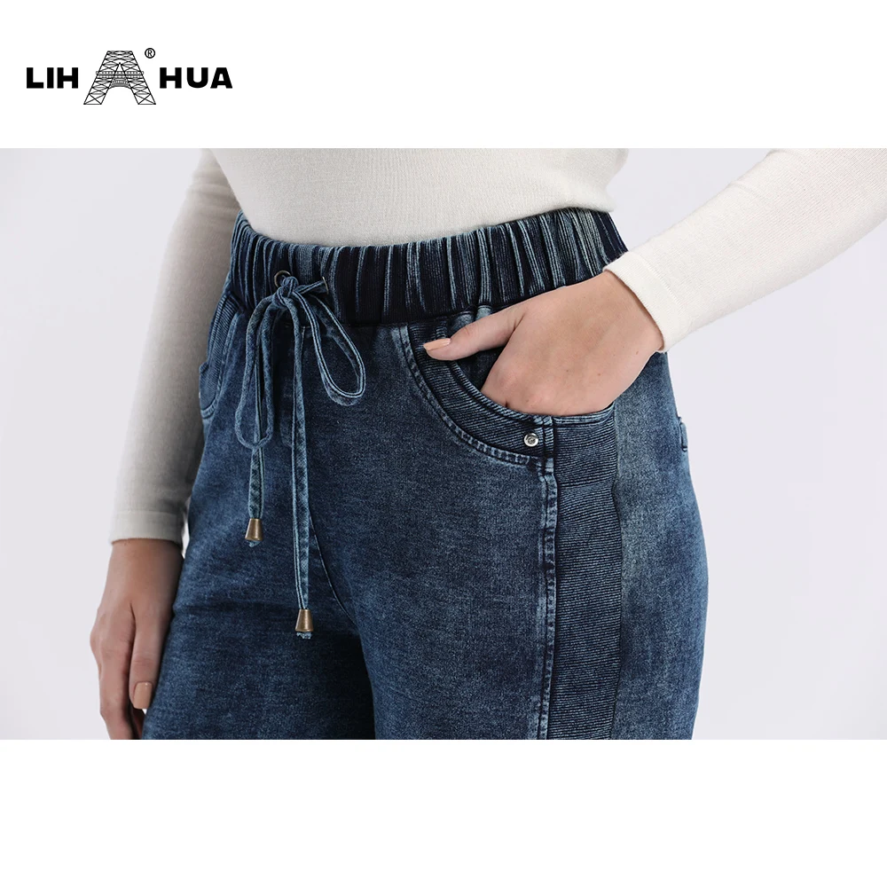 LIH HUA Women\'s Plus Size Jeans Autumn High Stretch Cotton Knitted Denim Trousers Casual Soft Jeans