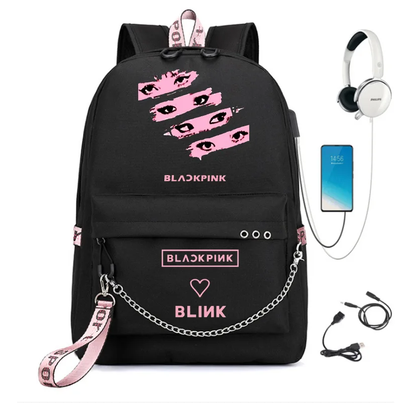 Mode Schwarz Rucksäcke Rosa Mädchen Schule Taschen Reisetaschen Laptop Kette Rucksack Kopfhörer USB Port