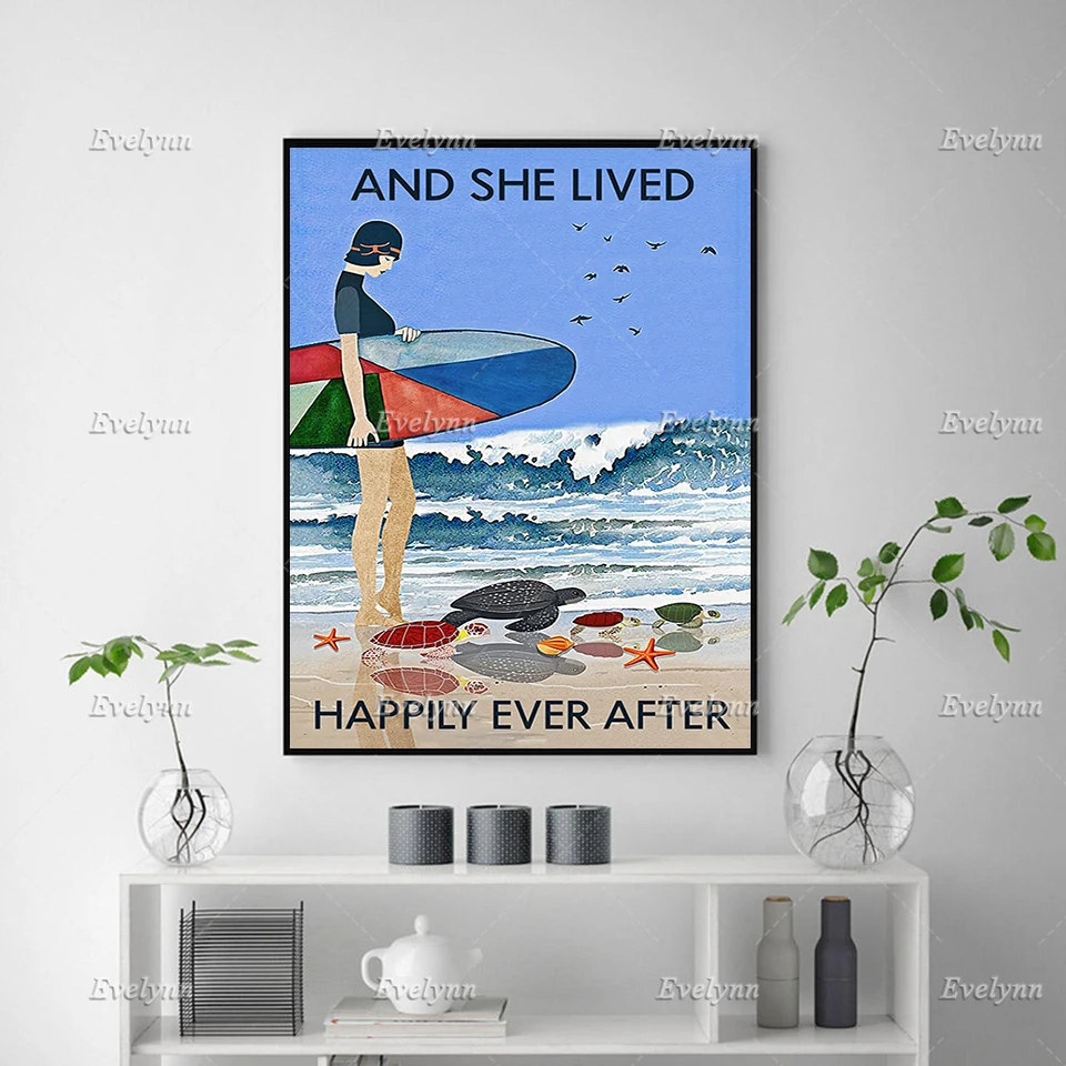 Vintage Girl Lived Happily Surfing Print Canvas Living Room Wall Art Poster Housewarming Gift Home Decor  Floating Frame