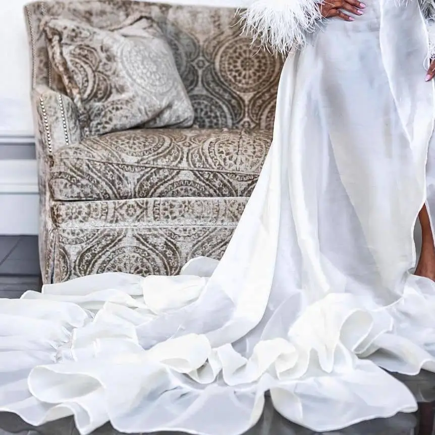 LO&LI 2021 Elegant Chiffon Fur With Bridal Long Robe Women Wedding Set Bathrobe Birthday Nightgown Pregnant Photography Custom