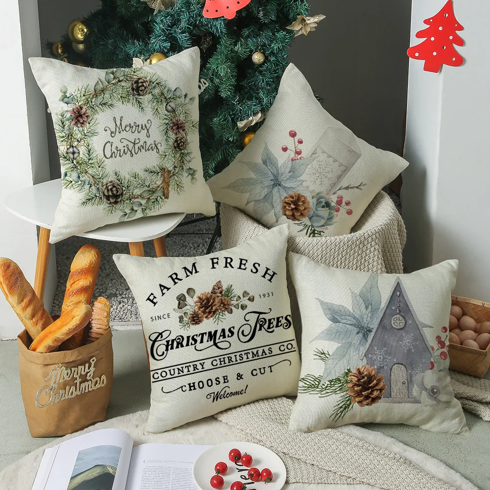 Christmas Cushion Cover Simple Painting Printed Pillow Covers 18x18 Inches Xmas Decorations Candle Bird Flower Linen Pillowcase