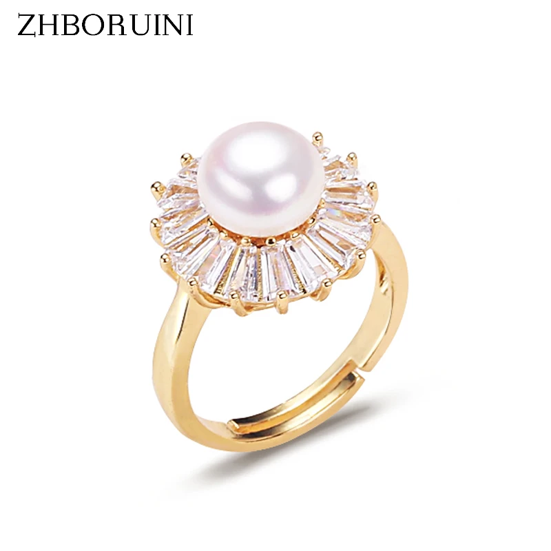 ZHBORUINI New Trendy Pearl Ring 100% Real Natural Pearl 14K Gold Plated Adjustable Big Zircon Ring Female Wedding Jewelry