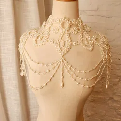 Vintage Bride with Pearl Large Neckle Women's Wedding Dress with Tfringed Shoulder Chain Handmade Beaded Banquet Shawl Jewelry