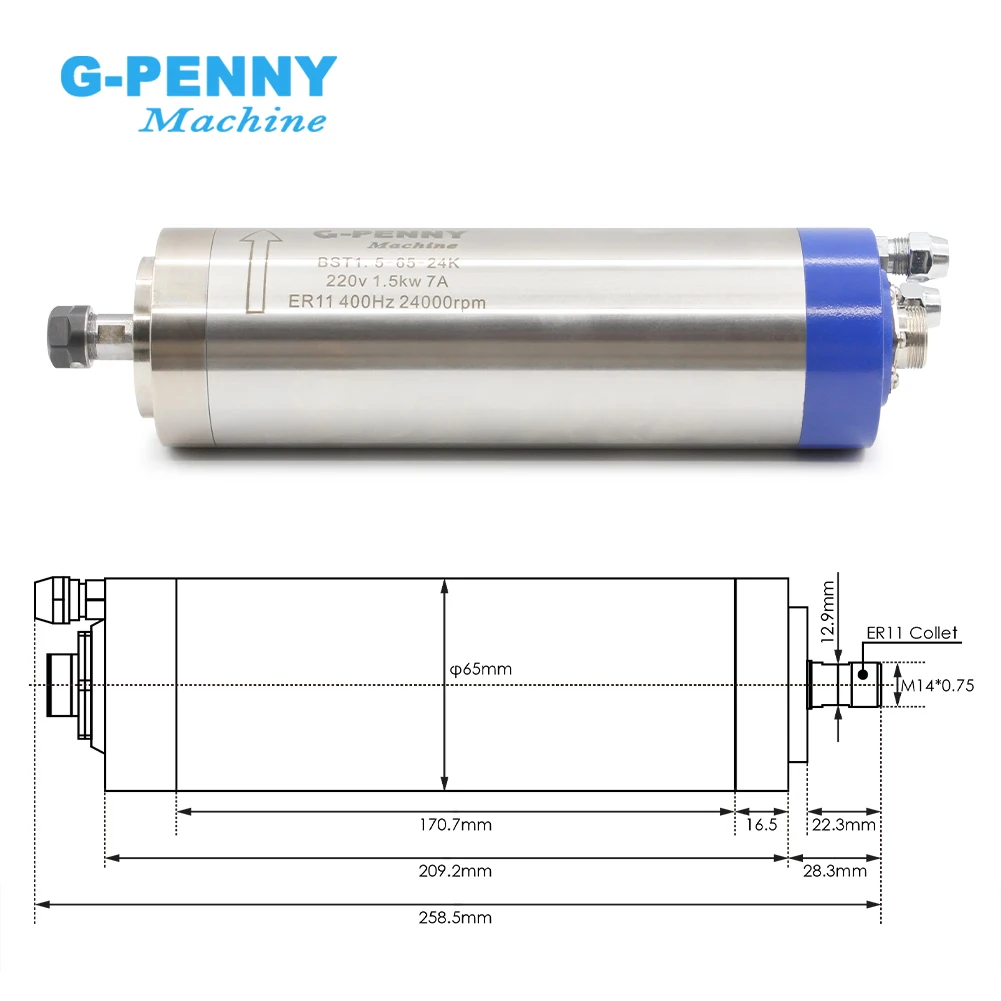 G-Penny D=65mm 1.5kw ER11 Water Cooled Spindle Motor 400Hz 24000rpm 4pcs Bearings Wood Aluminium Working Spindle For CNC Router